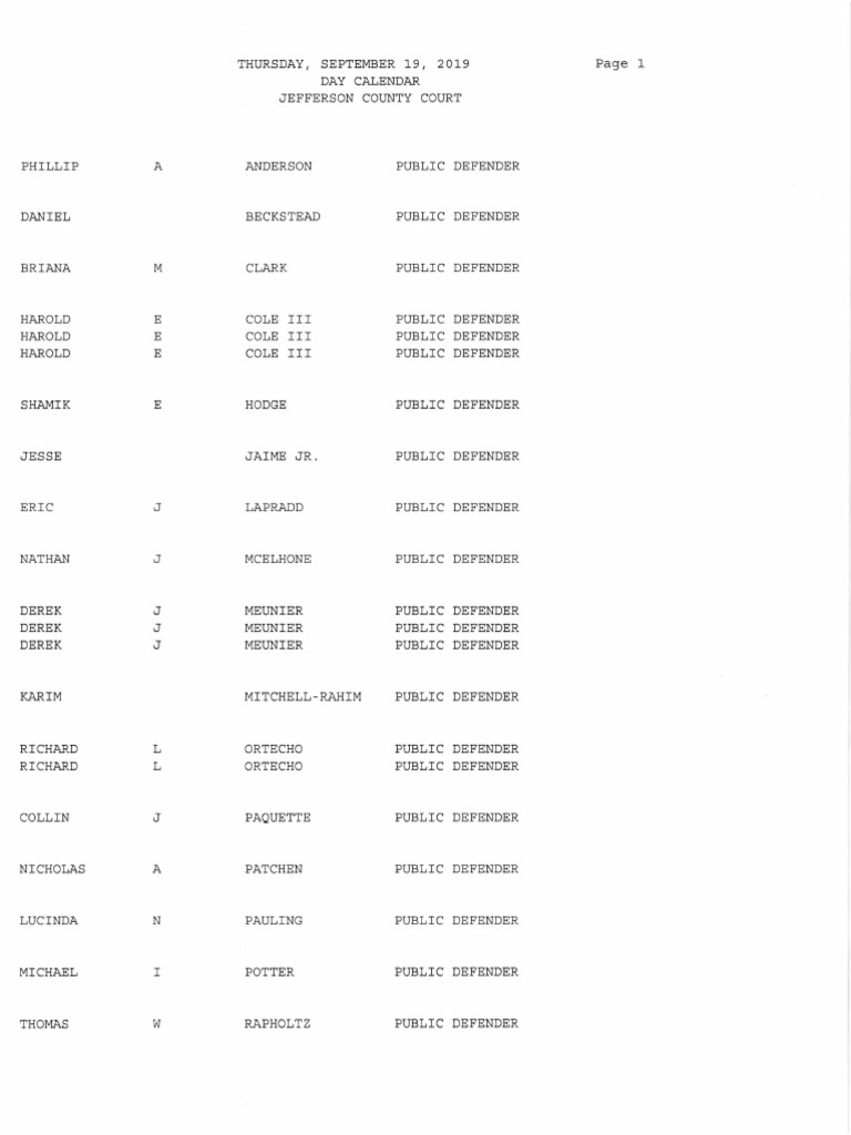 Jefferson County Court Calendar Sept. 19, 2019 | PDF