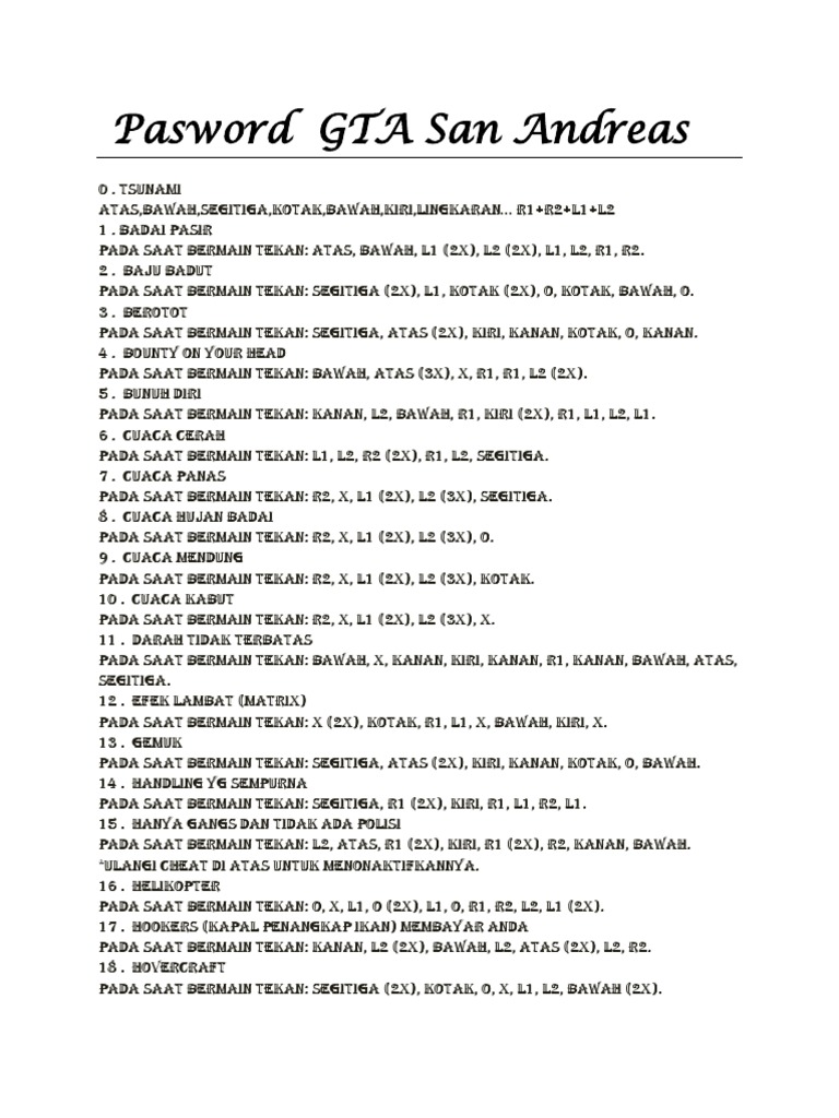 Cheat GTA San Andreas Lengkap | PDF