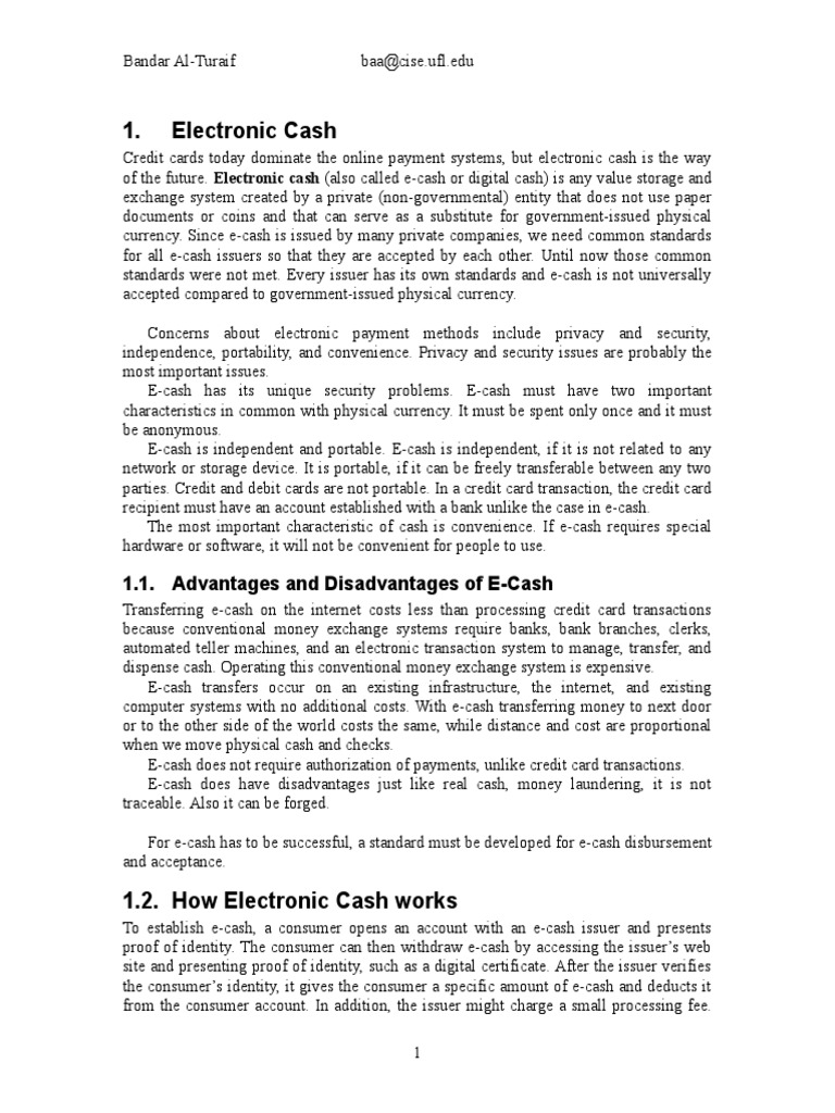 Electronic Cash 1.1. Advantages and Disadvantages of ECash PDF