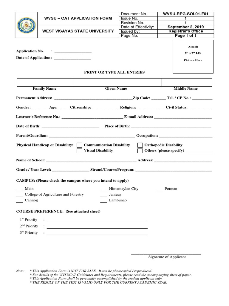 WVSU CAT Application Form AY 2020 2021 PDF Disability