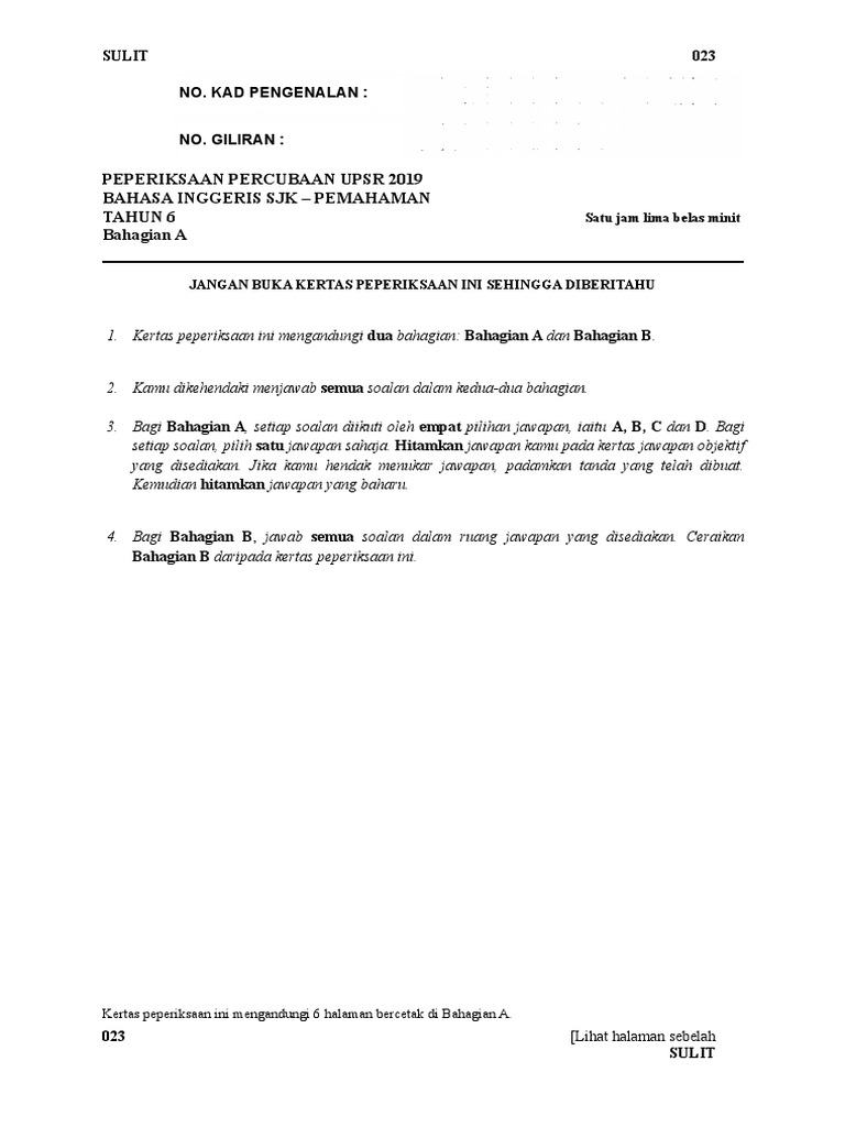 Percubaan Upsr English Year 6 2019 Paper 1
