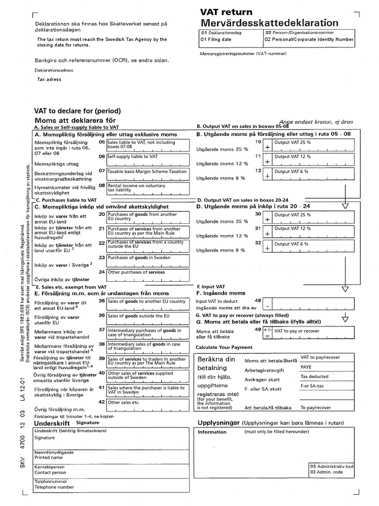 Sweden VAT Return Form PDF Value Added Tax Services (Economics)