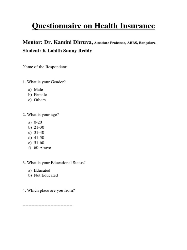 Health Insurance Questionnaire Survey | PDF | Career & Growth | Business