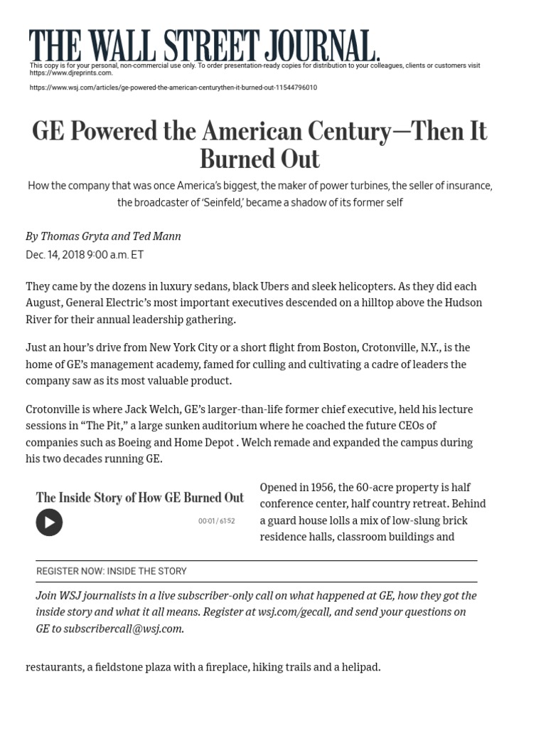 Ge Powered The American Century Then It Burned Out Wsj