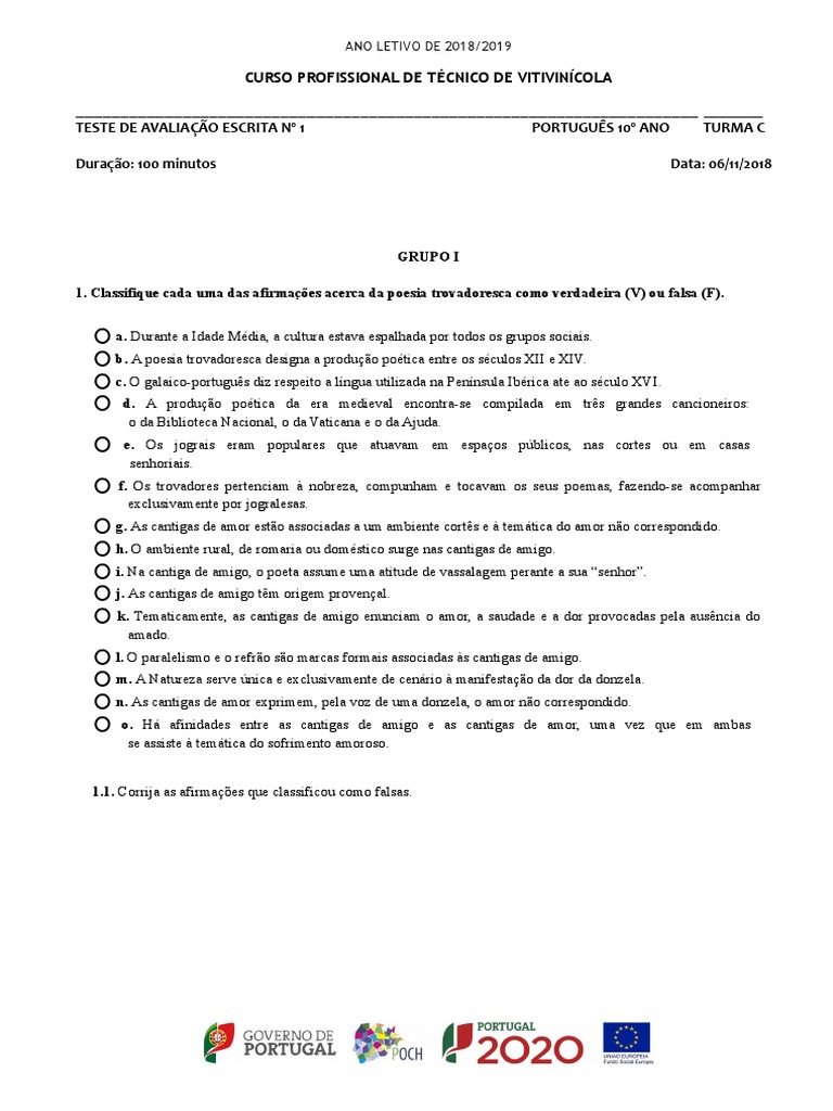 Teste de Avaliação 10º Ano Português | PDF