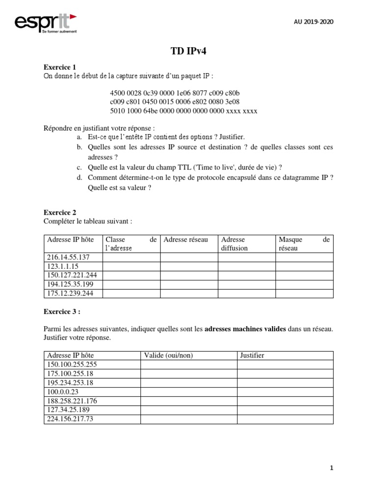 Plan d'adressage IPv4 et exercices corrigés | PDF | Adresse IP ...