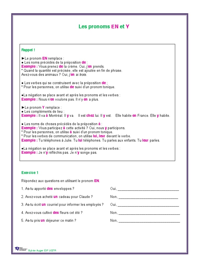 Les Pronoms Personnels Exercices Corrigés Pdf Les Pronoms en Et y Exercices | PDF | Pronom | Morphologie linguistique