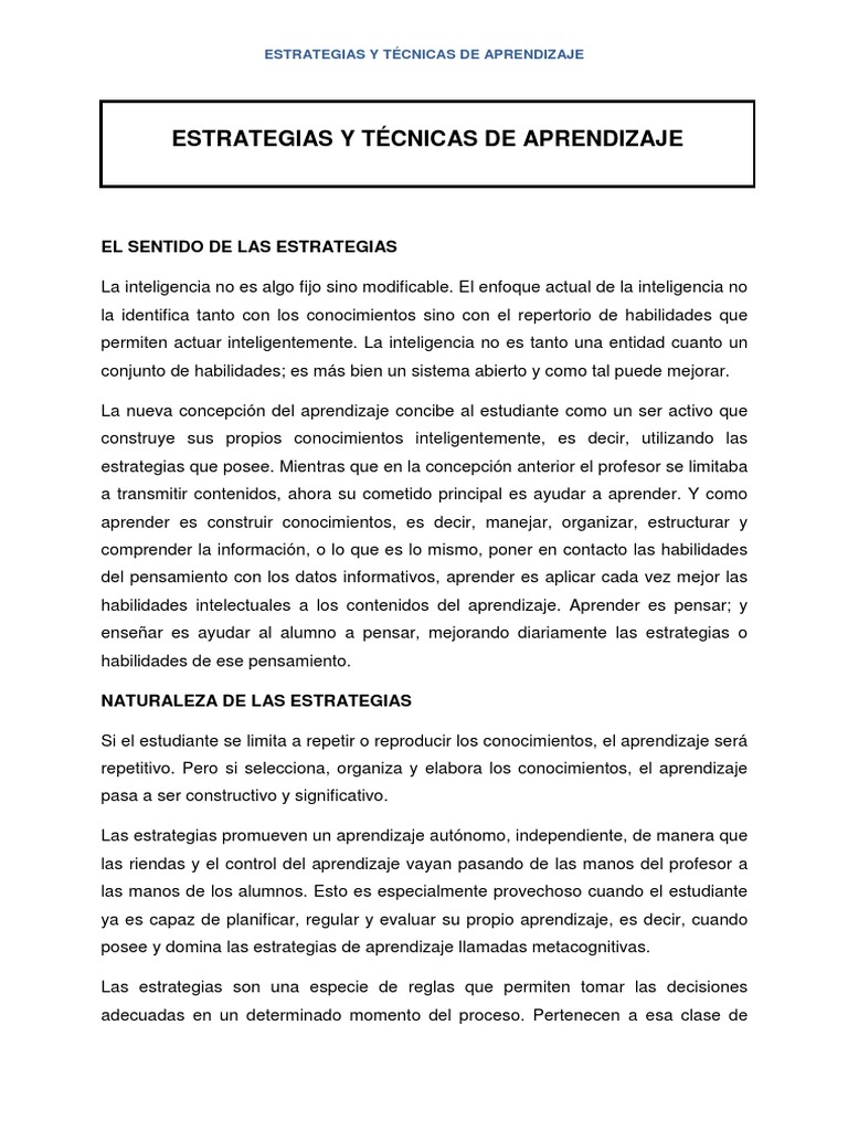 Estrategias y Técnicas de Aprendizaje | PDF | Aprendizaje | Maestros
