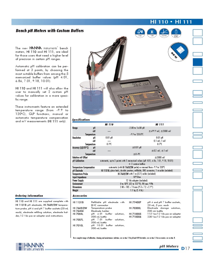 HI 110 - HI 111: Bench PH Meters With Custom Buffers | PDF | Ph ...