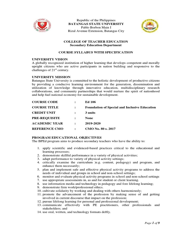 Syllabus Bped Ed 106 Pdf Special Education Inclusion Education