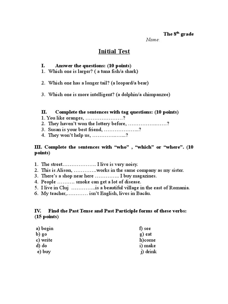 8th Grade English Initial Test | PDF | Linguistic Morphology ...