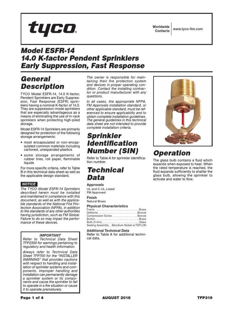 Model ESFR14 14.0 KFactor Pendent Sprinklers Early Suppression, Fast