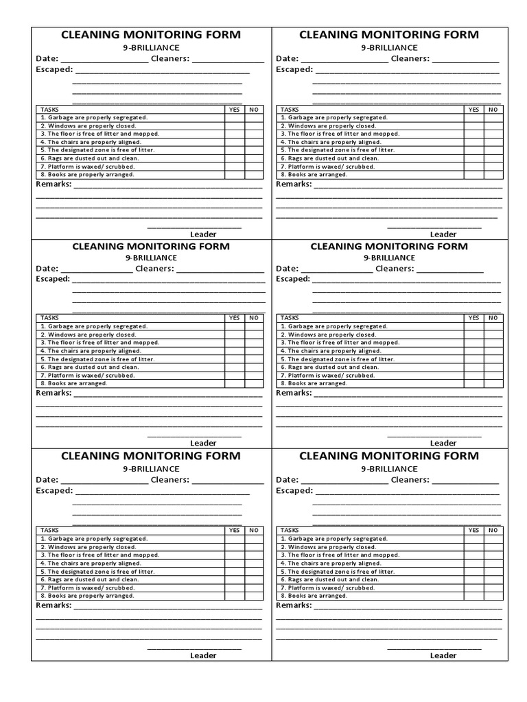 Cleaning Monitoring Form Cleaning Domestic Life