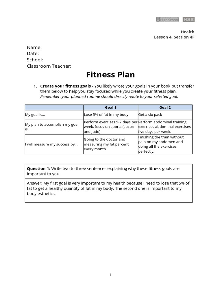 Fitness Plan: Name: Date: School: Classroom Teacher | PDF | Physical ...