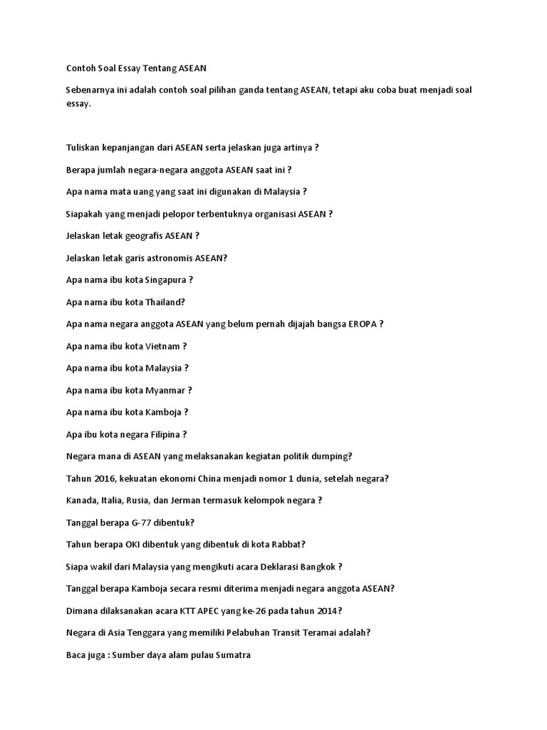 Contoh Soal Essay Tentang Asean