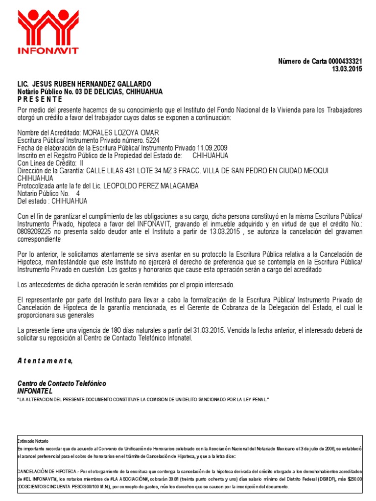 Carta de Cancelación Hipoteca Infonavit | PDF | Hipoteca Comercial ...