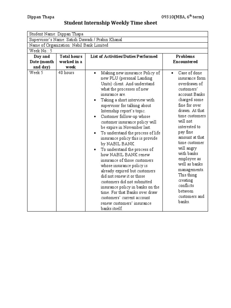 Internship Time Sheet: Week 5 Activities | PDF | Business | Business Law