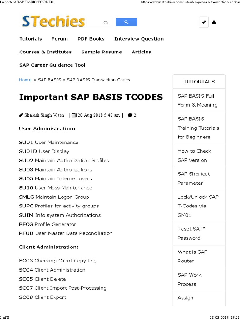 Important Sap Basis Tcodes | PDF | Computer Engineering | Information ...