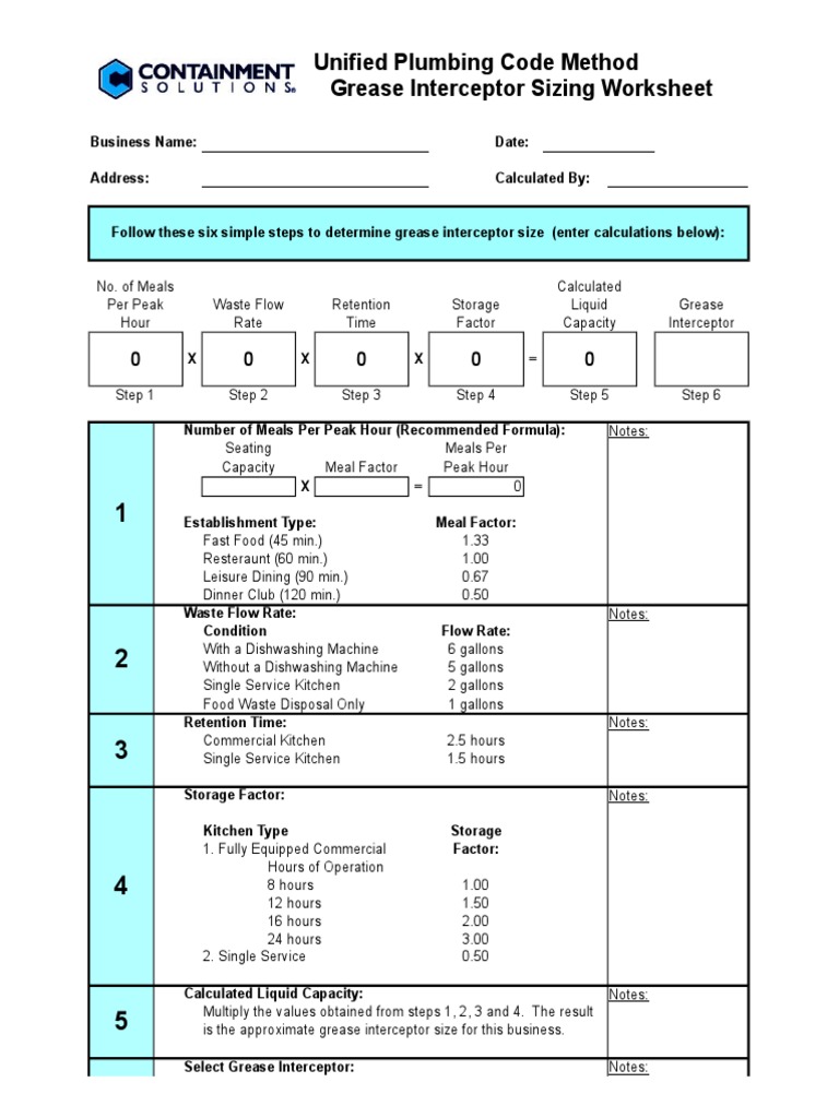 Grease Interceptor Sizing Worksheet Excel Spreadsheet (TNK 1095) | PDF |  Foods | Nature