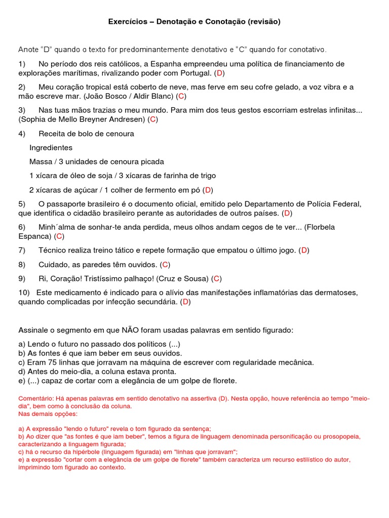 Exercícios Revisão Denotação e Conotação - Gabarito | PDF