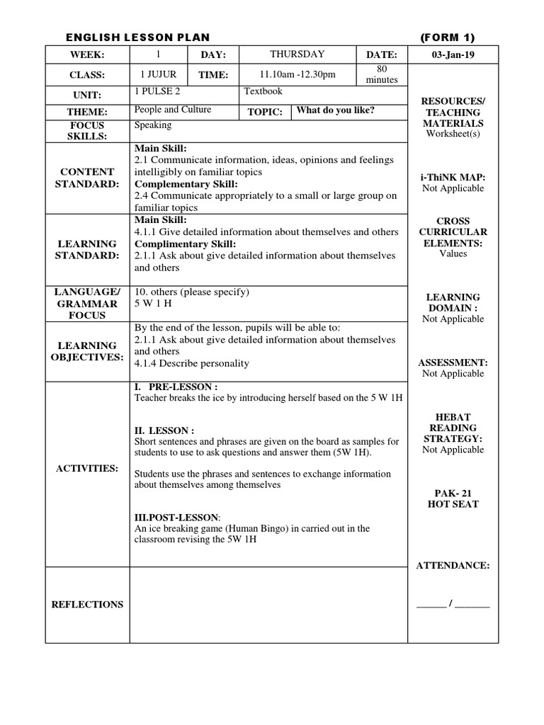 English Lesson Plan Form 1 2019 Pdf Lesson Plan Curriculum