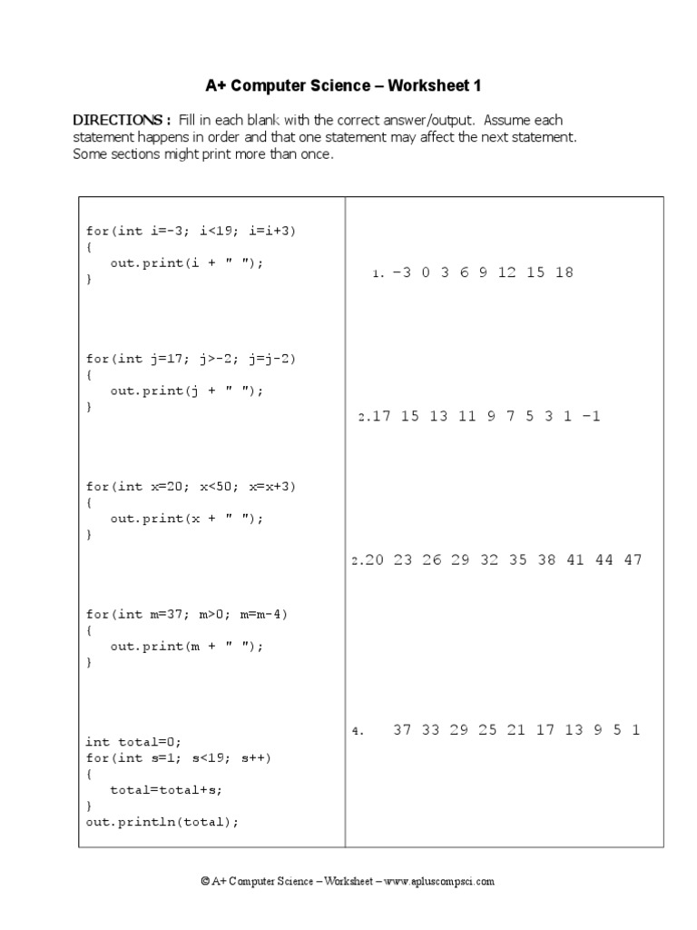 Forloops Worksheet1 Java Aplus