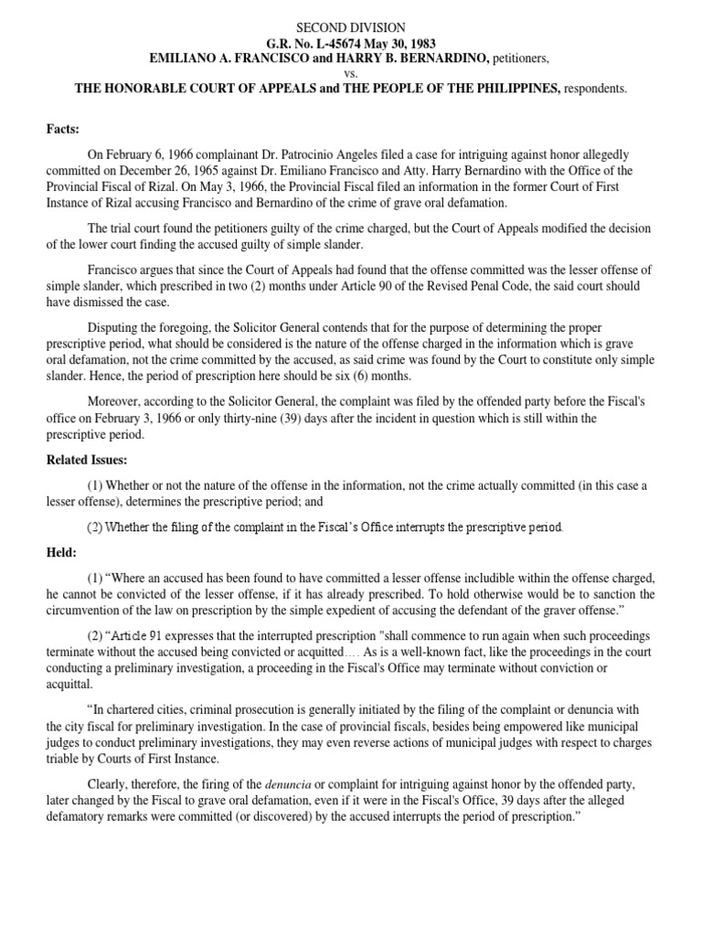 Francisco Vs CA Download Free PDF Defamation Statute Of Limitations