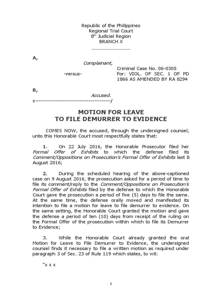 Motion For Leave To File Demurrer - Sample | PDF | Demurrer | Prosecutor
