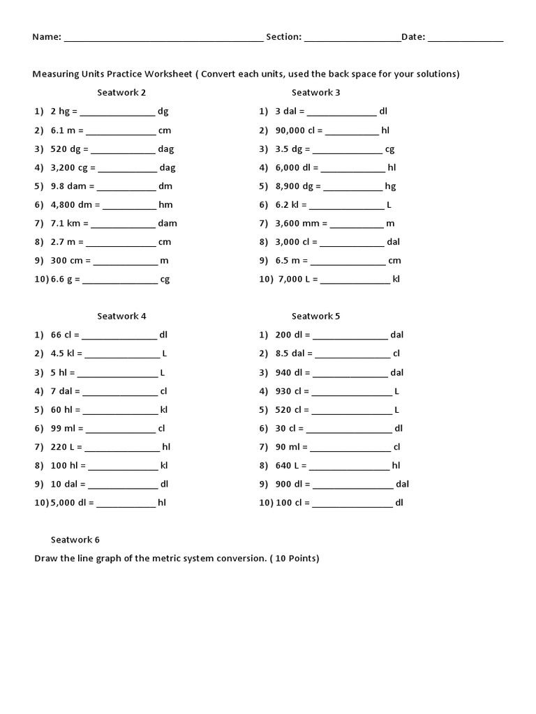 Metric System Work Sheets Mathematics