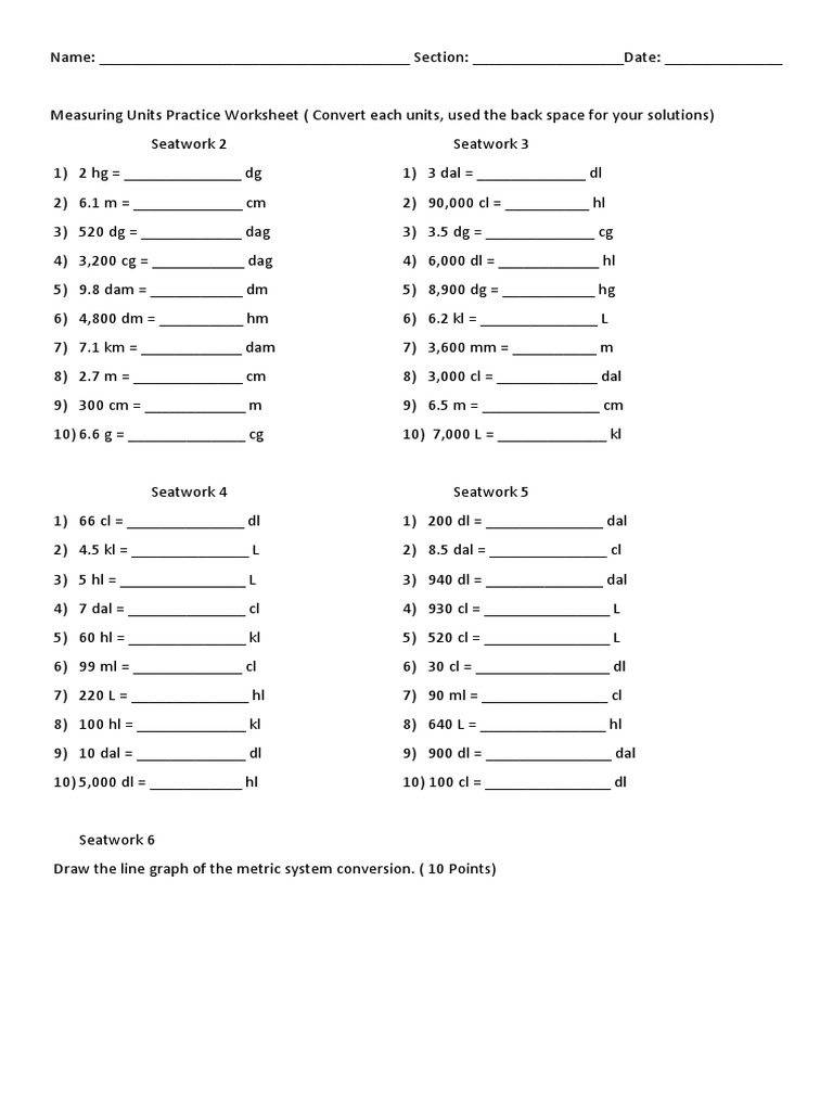 Metric System Work Sheets Mathematics