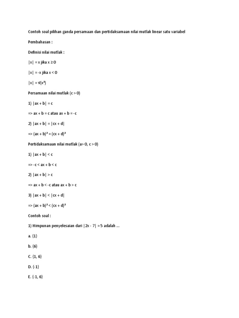 409416823 Contoh Soal Pilihan Ganda Persamaan Dan Pertidaksamaan Nilai Mutlak Linear Satu Variabel Docx