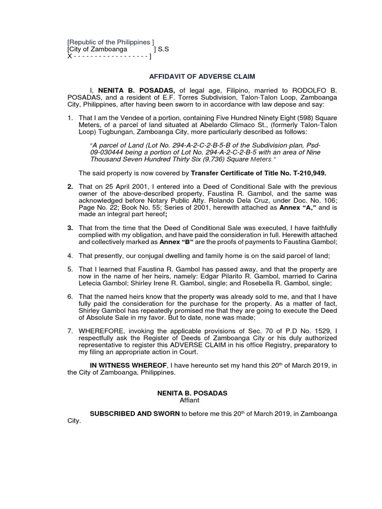 Affidavit of Adverse Claim in Zamboanga | PDF | Virtue | Private Law