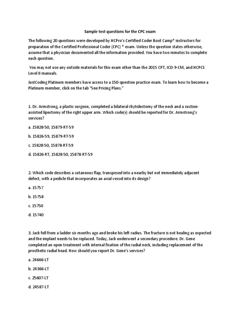 Sample Test Questions For The CPC Exam PDF Diseases And Disorders Health Sciences