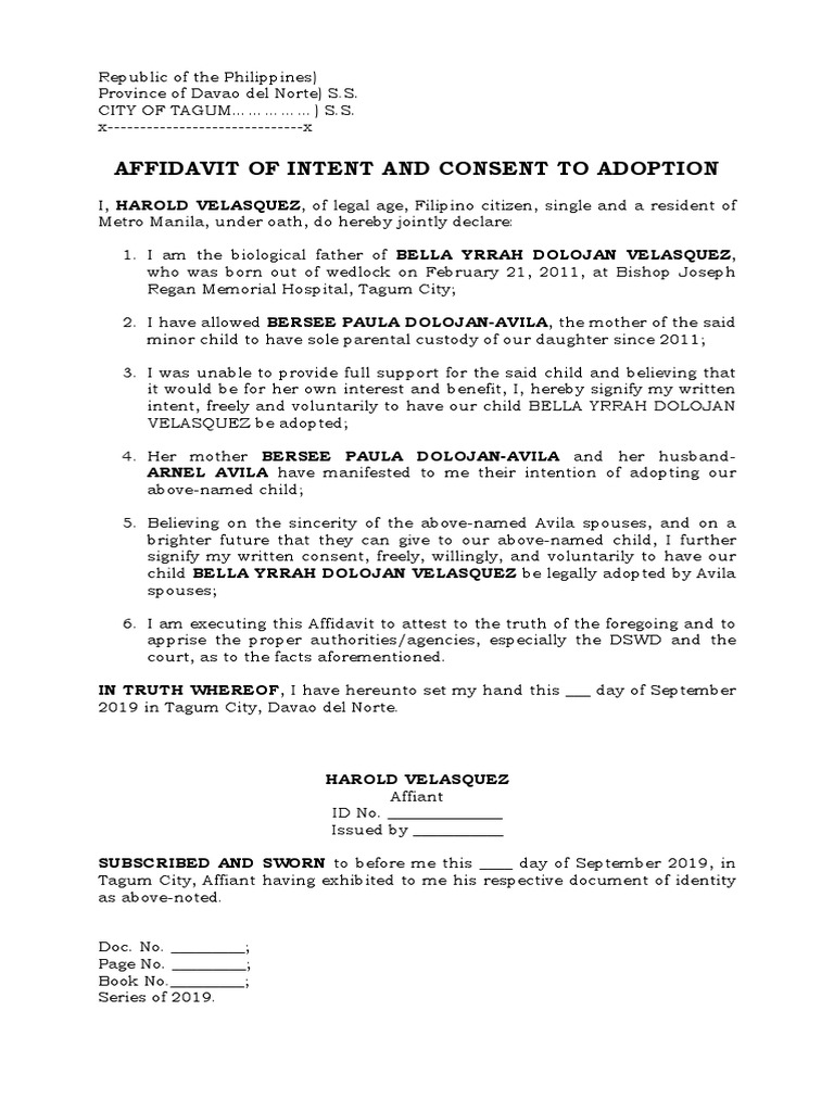 Affidavit of Intent and Consent To Adoption PDF Affidavit Parenting