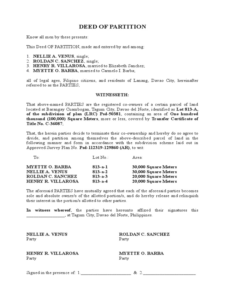 Deed of Partition Land Title Split PDF Property Law Law And Economics