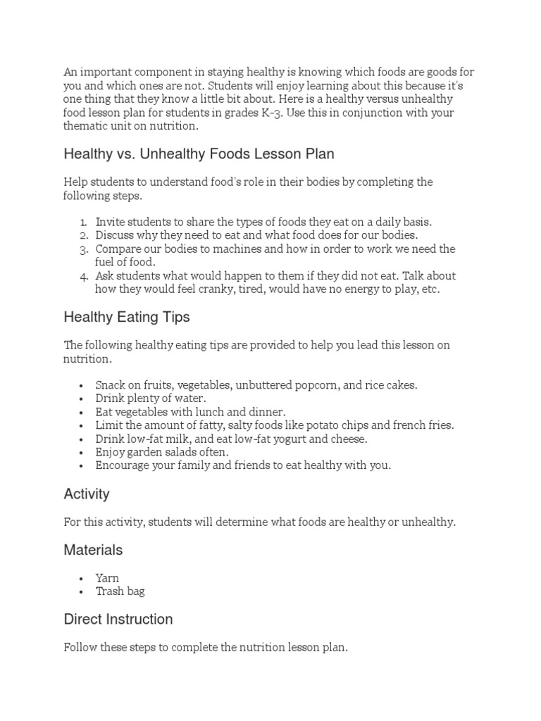 Healthy vs Unhealthy Foods Lesson Plan | PDF | Healthy Diet | Junk Food