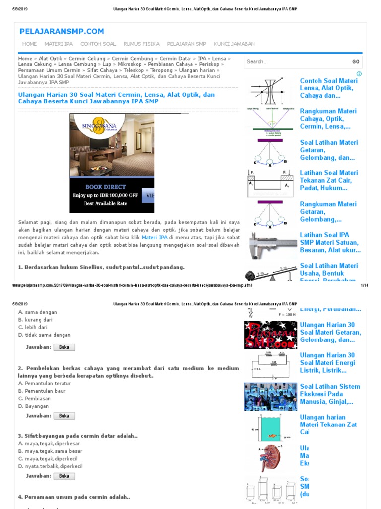 Contoh Soal Dan Jawaban Ulangan Cahaya Dan Optik Soal Dan Jawaban