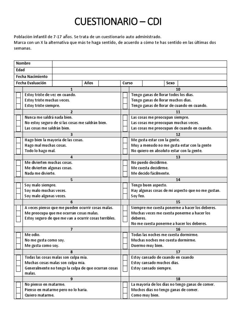 Cuestionario CDI de Depresión Infantil | PDF | Ocio