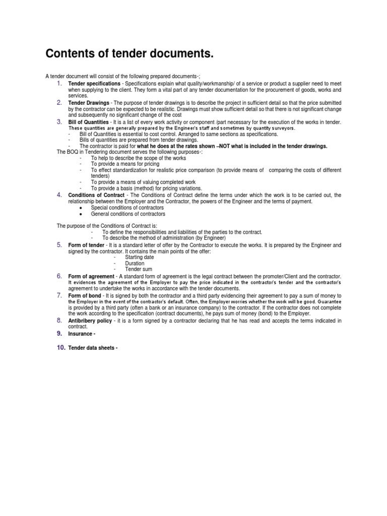 Contents of Tender Documents PDF Specification (Technical Standard