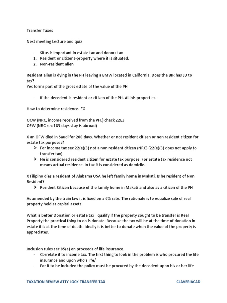 Taxation Review Atty LockTransfer Tax Claveriacad PDF Estate Tax In The United States