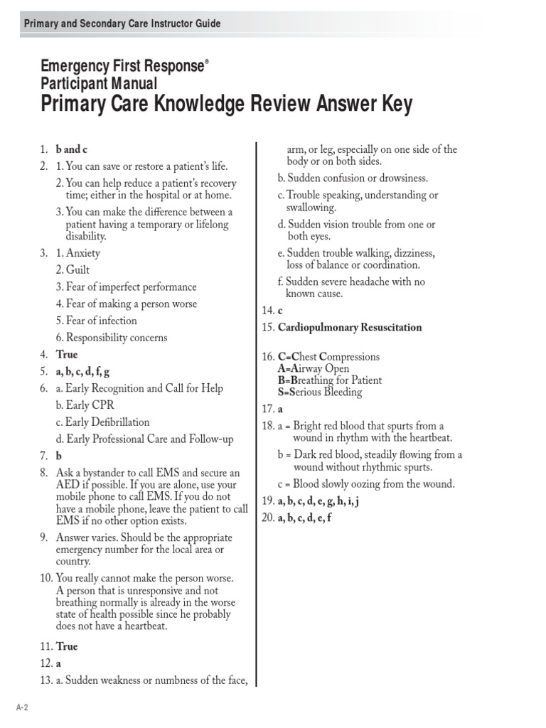 Primary Care Knowledge Review Answer Key: Emergency First