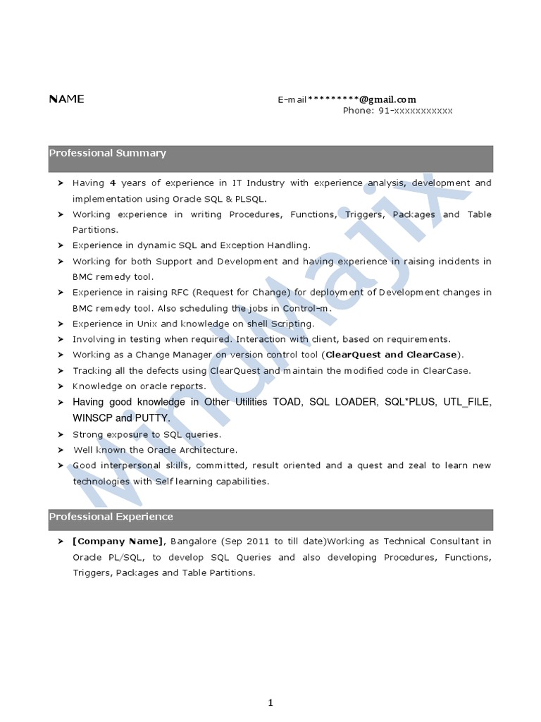 Oracle PL SQL Sample Resume 1 | Download Free PDF | Oracle Database ...