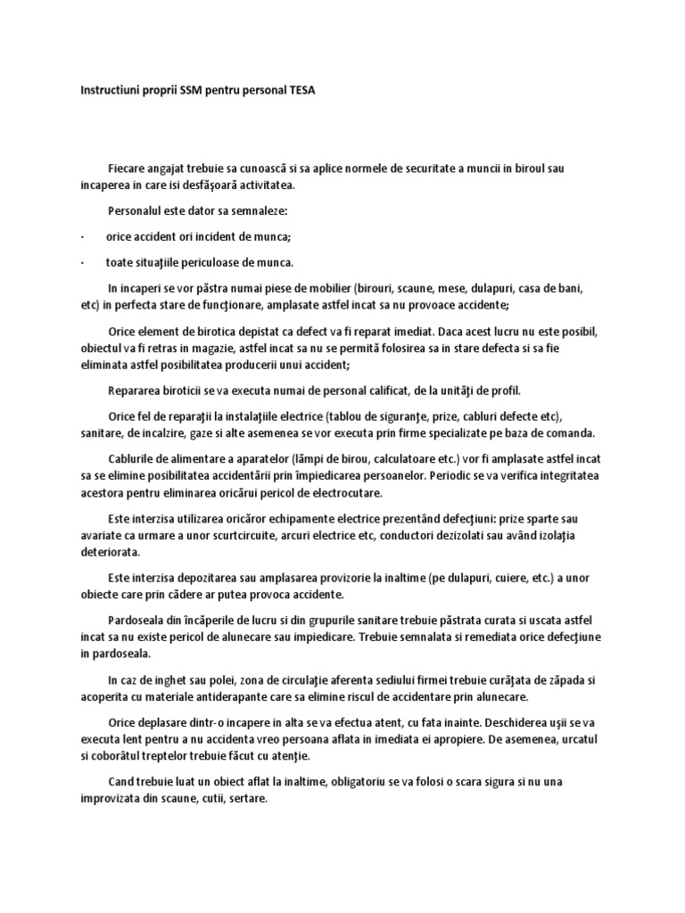 Instructiuni Proprii SSM Pentru Personal TESA | PDF