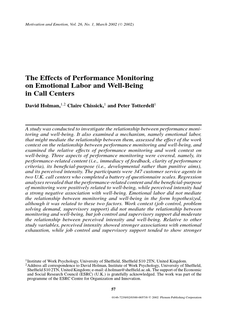 Performance Monitoring and Well-Being | PDF | Job Satisfaction | Affect ...