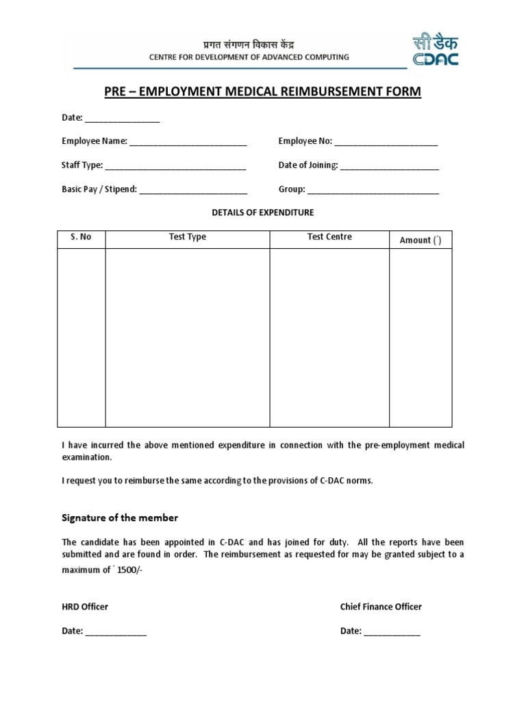 Pre-Employment Medical Reimbursement Form | PDF | Business