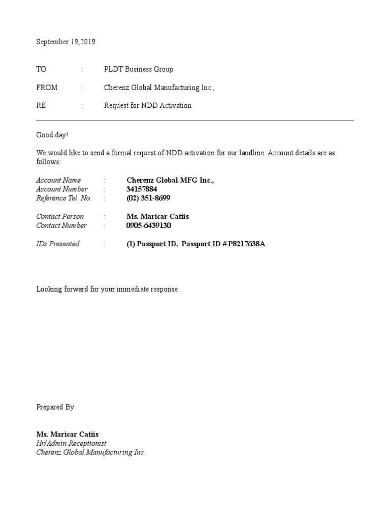 PLDT Request Letter Business