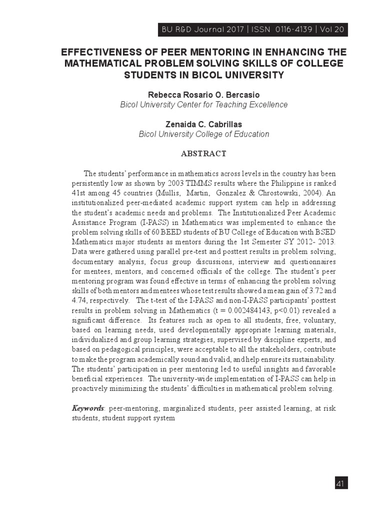 Effectiveness of Peer Mentoring in Enhancing The Mathematical Problem ...