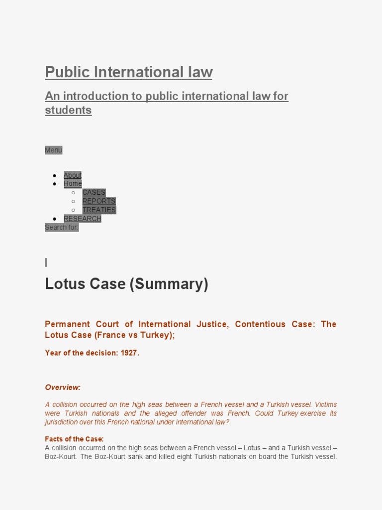 Lotus Case (Summary) Public International Law PDF PDF Sovereign