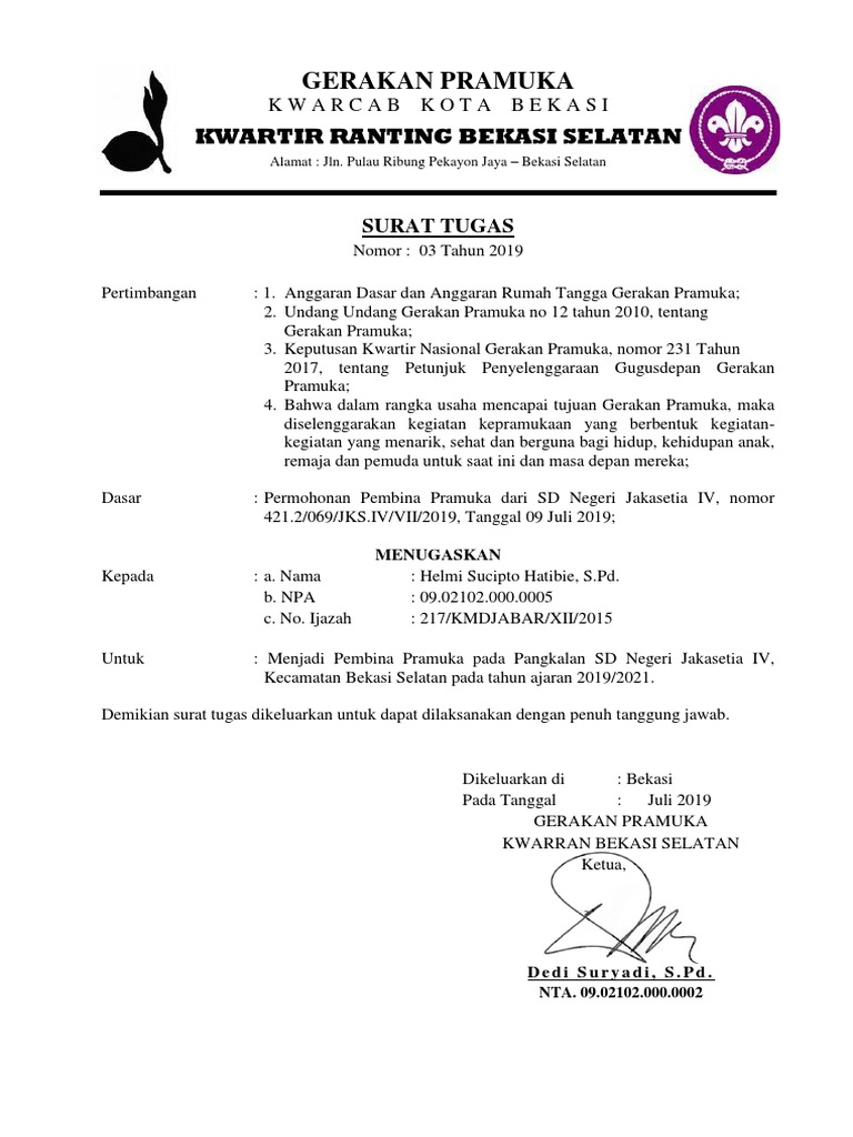 Surat Tugas Pembina Gudep 19