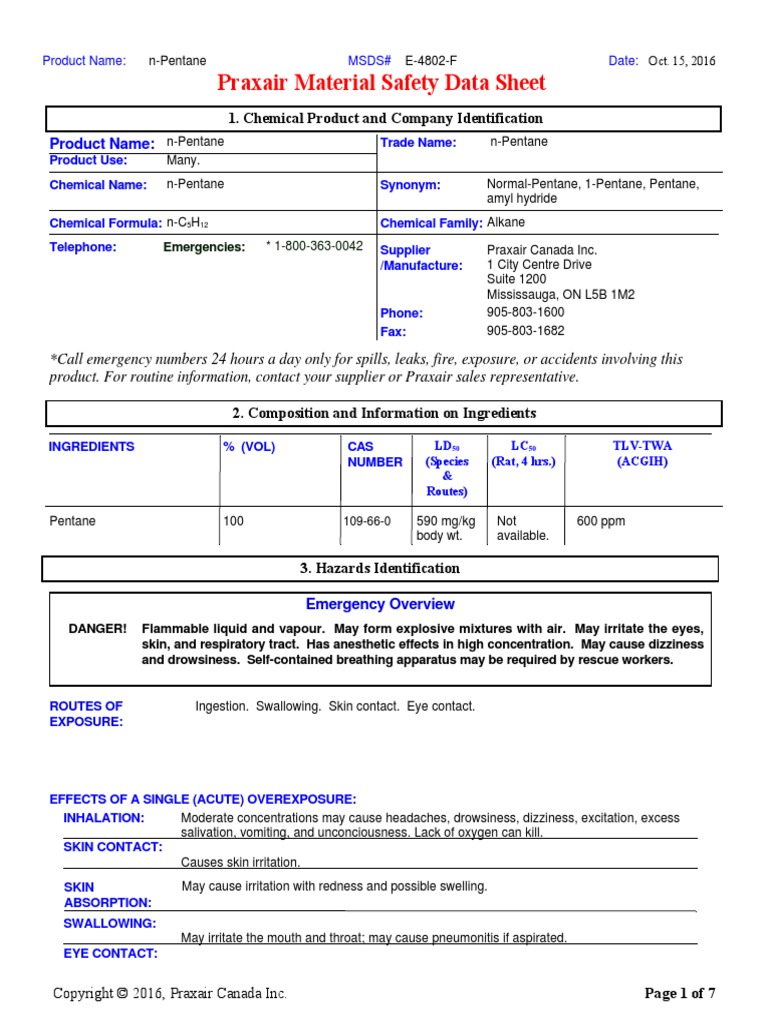 Praxair Material Safety Data Sheet 1. Chemical Product and Company